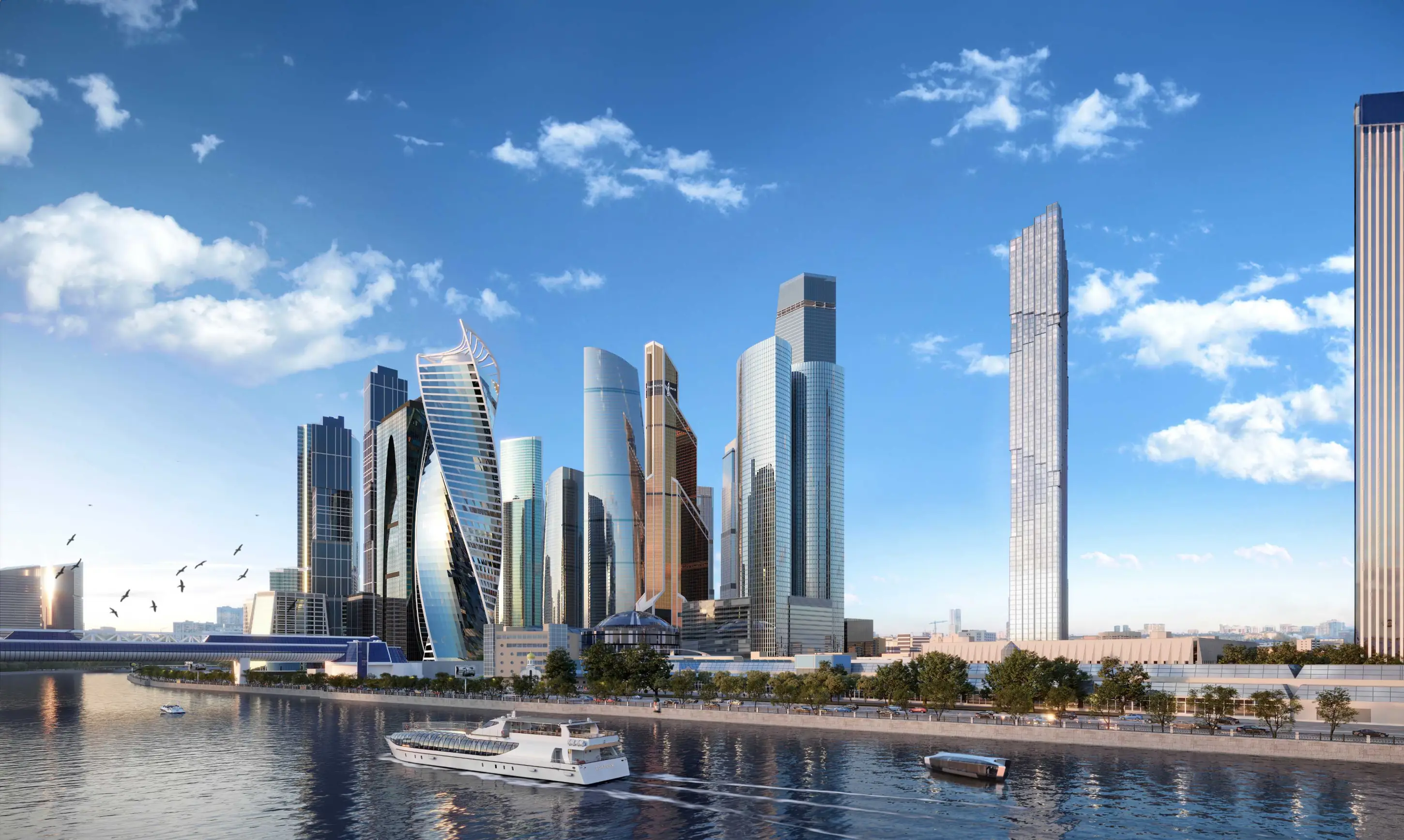 Панорама Москва-Сити с воды, башня Дом Дау справа от делового центра