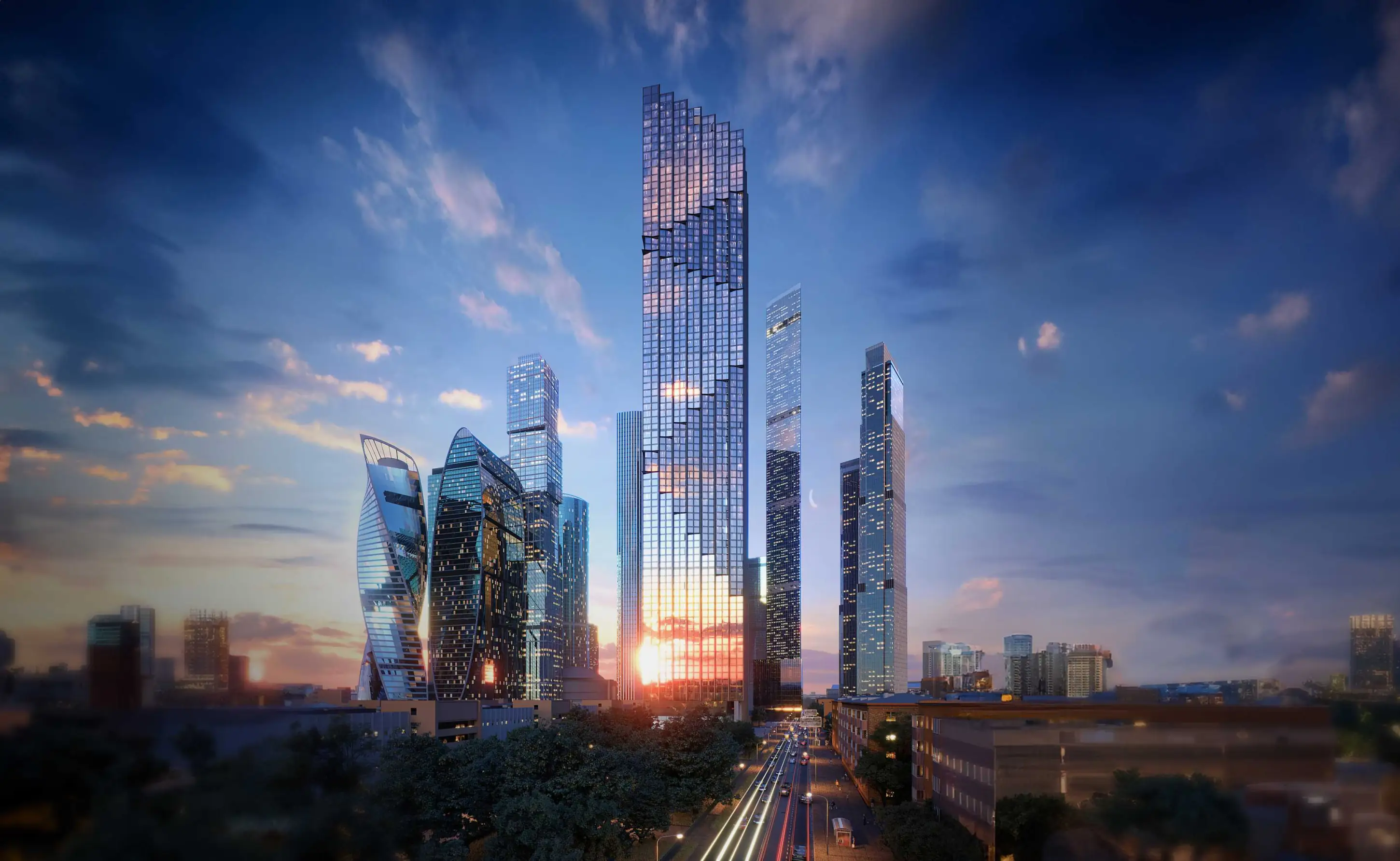 Башня Дом Дау среди небоскрёбов Москва-Сити на закате